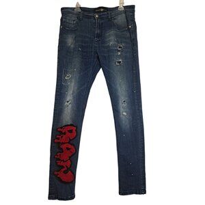 Legendary Rawalty Distressed Blue Denim Jeans With Red Applique Patch Size 36x32